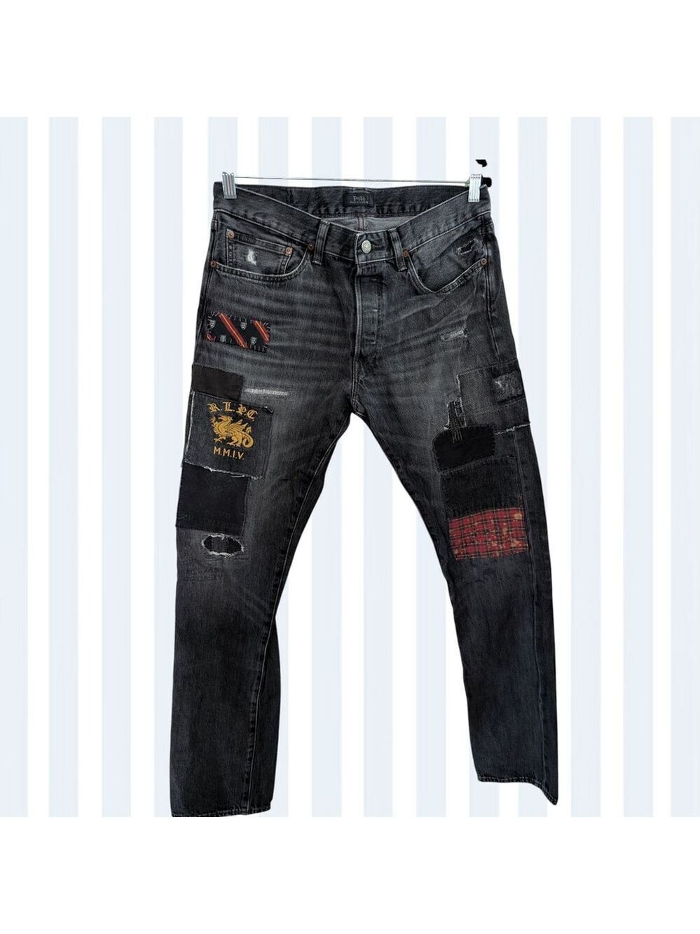 Polo Ralph Lauren Varick Jeans Mens 32X34 Patchwork Distressed Rare! Goth - Picture 2 of 11